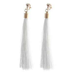 White Boho Tassel Statement Drop Gold Tone Clip On Earrings