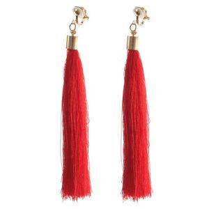 Red Boho Tassel Statement Drop Gold Tone Clip On Earrings