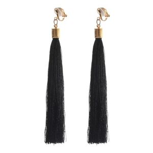 Black Ethnic Tassel Statement Drop Gold Tone Clip On Earrings