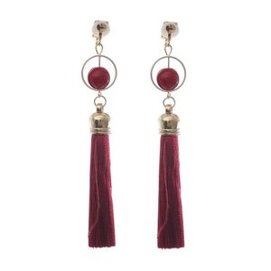 Red Burgundy Tassel with Bead and Circle Statement Drop Clip On Earrings