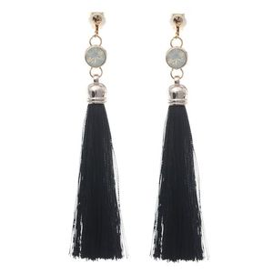 Black Tassel with Opal-Like Statement Drop Clip On Earrings