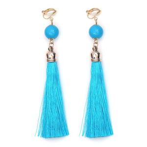 Sky Blue Tassel with Bead Statement Drop Clip On Earrings