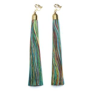 Multicoloured Tassel with Gold Tone Ribbed Cap Statement Drop Clip On Earrings