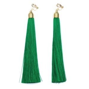 Green Tassel with Gold Tone Ribbed Cap Statement Drop Clip On Earrings