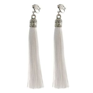 White Tassel with Silver Tone Vintage Cap Statement Drop Clip On Earrings