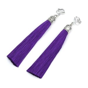 Purple Tassel with Silver Tone Vintage Cap Statement Drop Clip On Earrings