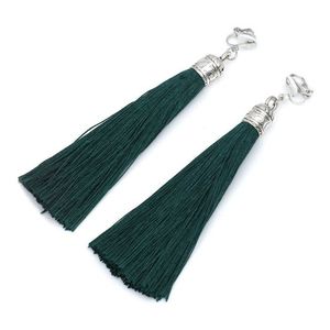 Dark Green Tassel with Silver Tone Vintage Cap Statement Drop Clip On Earrings