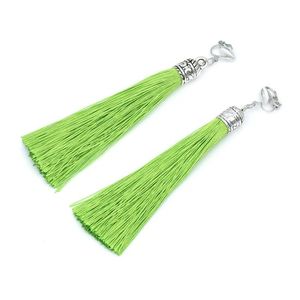 Light Green Tassel with Silver Tone Vintage Cap Statement Drop Clip On Earrings