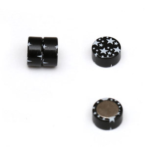Black round acrylic with white star magnetic earrings for non-pierced ears 8 mm