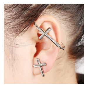 Silver-tone crystal pave cross ear cuff wrap earring