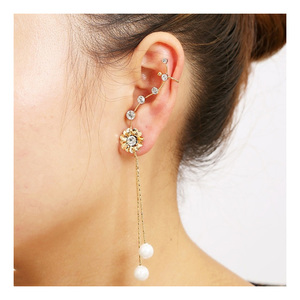 Gold-tone flower and crystal dew tassel ear cuff drop earring