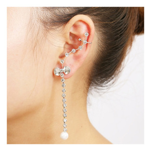 Silver-tone bow crystal stud tassel ear cuff drop earring