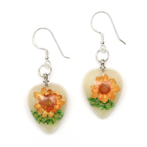 Orange pressed flower in white heart resin drop earrings