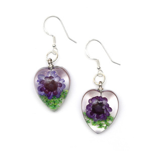 Purple pressed flower in clear heart resin drop earrings