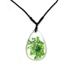 Green pressed flower in clear resin teardrop pendant necklace handmade with real flower