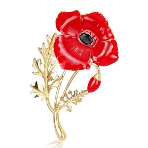 Red Enamel Poppy Flower Gold-tone Brooch