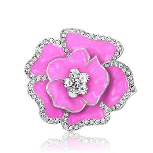 Pink Enamel Crystal Flower Silver-tone Brooch