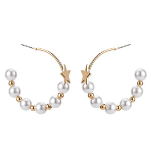 White Faux Pearl Bridal Hoop Statement Earrings with Gold Tone Star and Beads