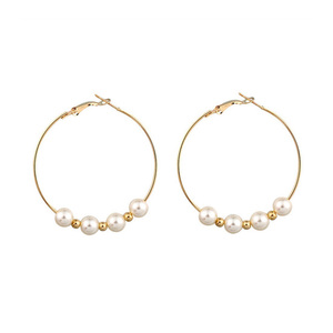 Large White Faux Pearl and Gold Tone Beaded Hoop Earrings