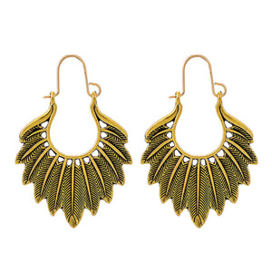 Bohemian Feather Hoop Earrings in Vintage Gold Tone