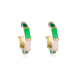 Chunky White and Green Enamel Bamboo Inspired Hoop Earrings