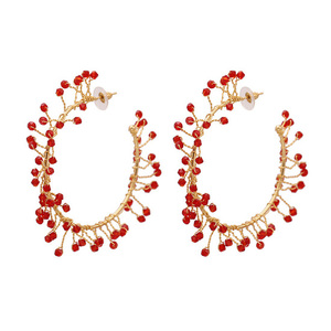 Handmade Red Beaded Oversized Statement Hoop Earrings