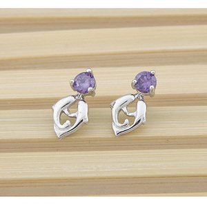 Exquisite fashion double dolphins with purple rhinestone ear studs