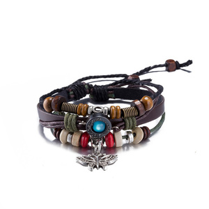 Tribal multi-strand leather wristband with butterfly charm wrap pull adjustable bracelet 
