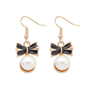 Lovely black bow and white faux pearl gold-tone drop earrings