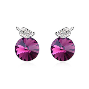 Purple round Austrian Crystal Swarovski Elements and platinum-plated leaf stud earrings