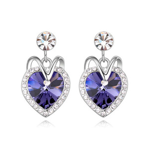 Purple violet Swarovski Elements Crystal heart  platinum-plated stud earrings