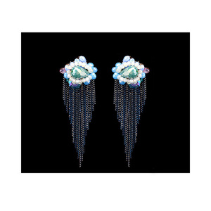 Blue and green faceted teardrop with chain tassel stud earrings