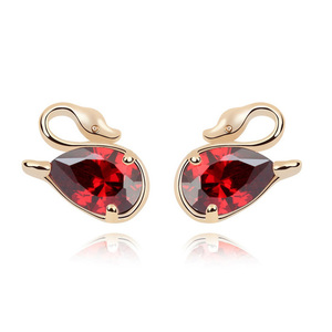 Gold-plated swan with red zircon crystal stud earrings