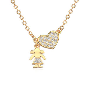Gold-plated pendant necklace with heart and girl charms inlaid with white AAA grade micro zircon 