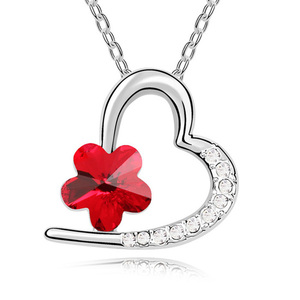 Gold-plated necklace with red Swarovski Elements Crystal flower and heart pendant