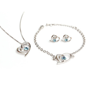 White gold-plated jewellery set  heart charm necklace earrings bracelet with blue Austrian crystal