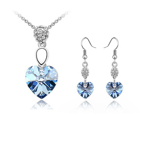 Blue Swarovski Elements Crystal heart pave gold-plated necklace and earrings jewellery set