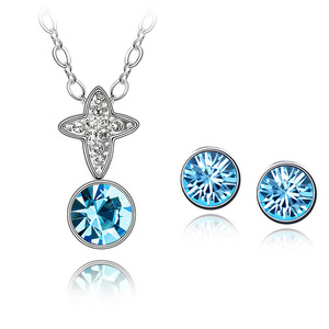 Blue Austrian Crystal cross necklace and stud earrings jewellery set 
