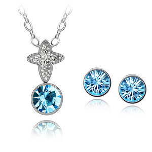 Blue Austrian Crystal cross necklace and stud earrings jewellery set 