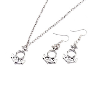 Silver-tone anchor pendant necklace and earrings jewellery set