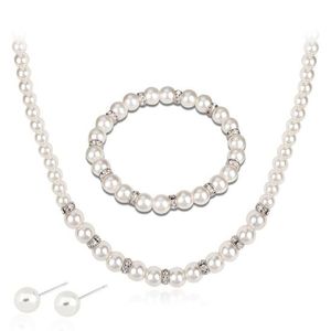 White Simulated Pearl Jewellery Set Necklace Bracelet Earrings