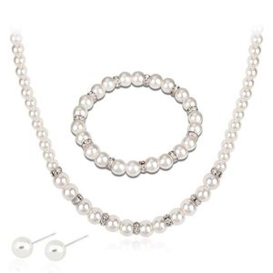 White Simulated Pearl Jewellery Set Necklace Bracelet Earrings