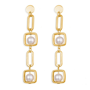 Faux Pearl Geometric Gold Tone Drop Earrings