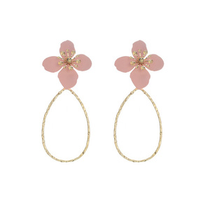 Oversized Pink Flower with Textured Teardrop Drop Earrings