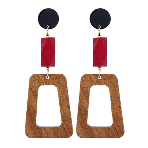 Red Bead with Wooden Trapezoid Drop Earrings