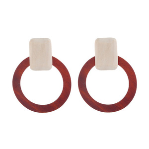 Brown Chunky Wooden Hoop Stud Earrings