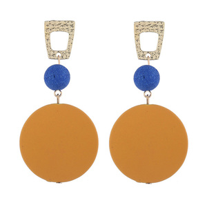 Yellow Wooden Disc with Blue Bead Drop Earrings