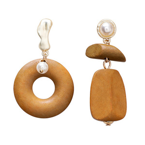 Mismatched Faux Pearl Wooden Drop Earrings