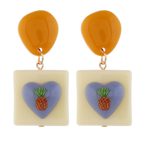 White Square with Pineapple on Heart Drop Earrings