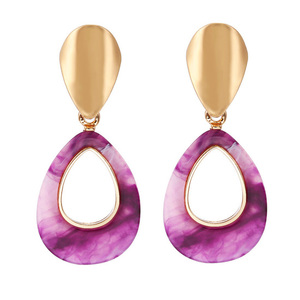 Purple Marble Effect Teardrop Gold Tone Drop Earrings